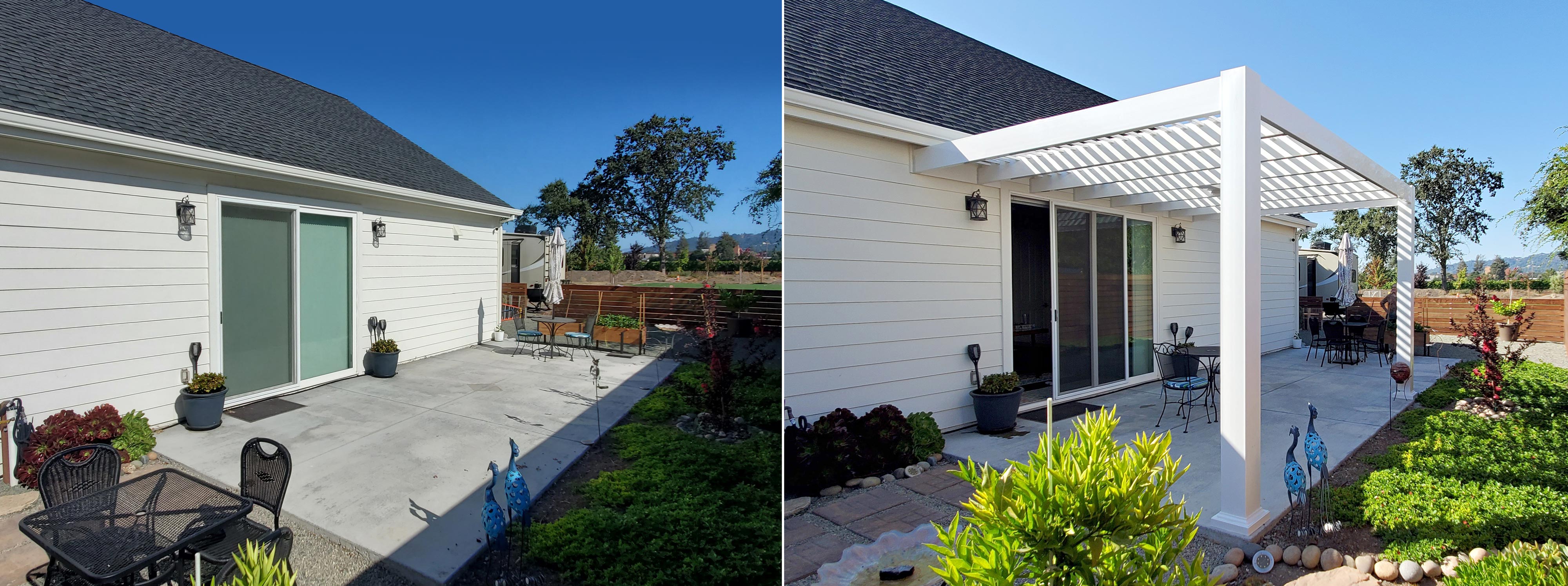 Before and after photo of a patio behind a white house with an attached pergola over the patio in the after photo