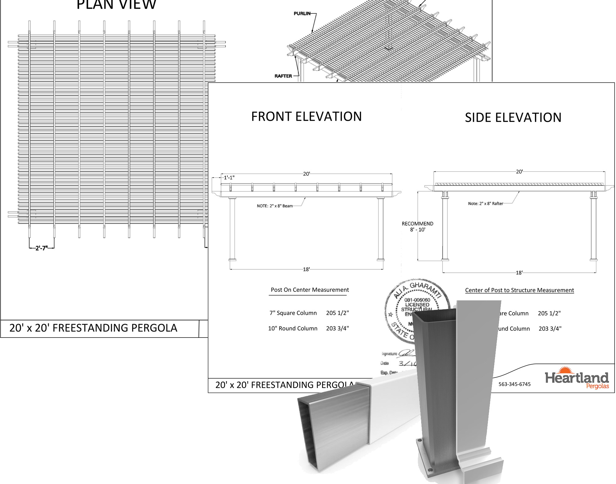 Sample plans and interior aluminum structure view of Heartland Pergolas