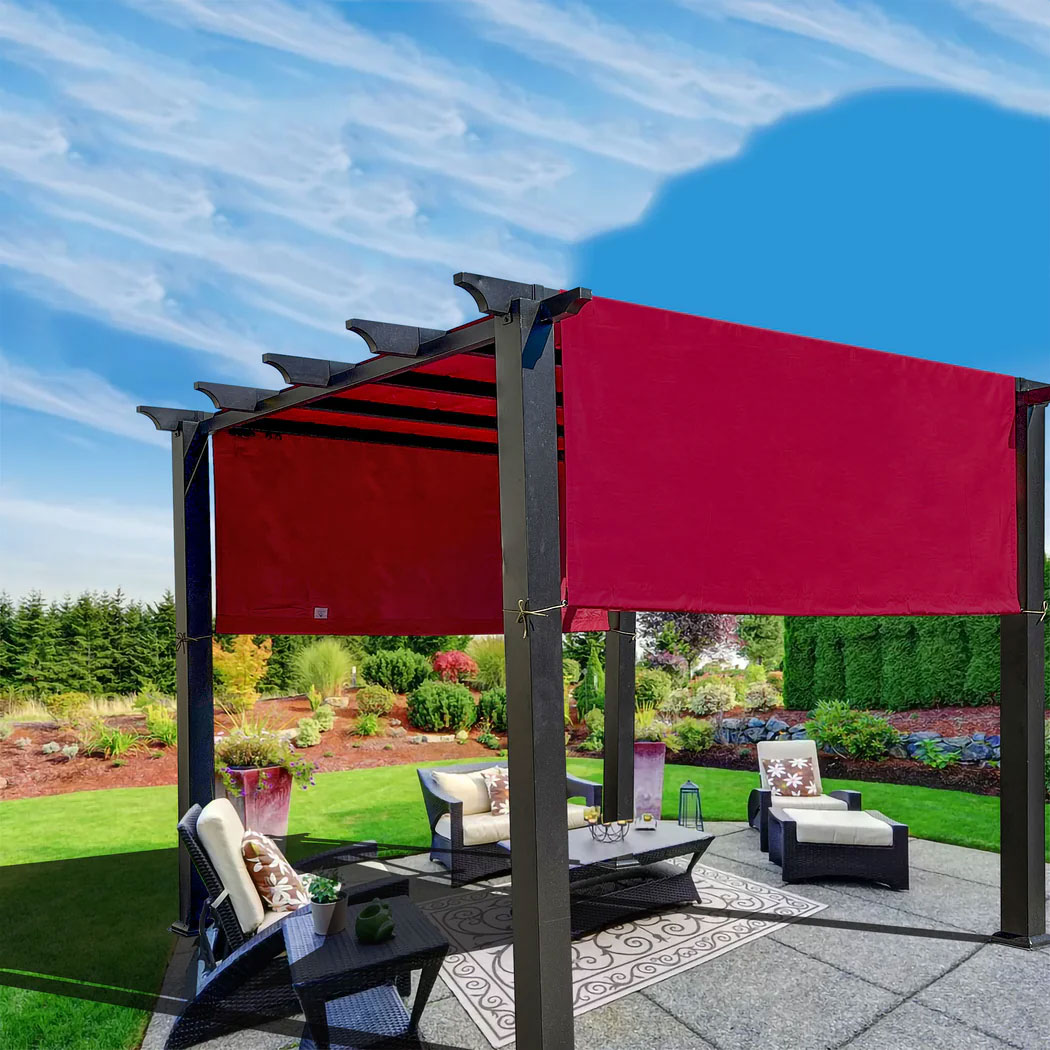 Red shade draped over a pergola to add shade to patio