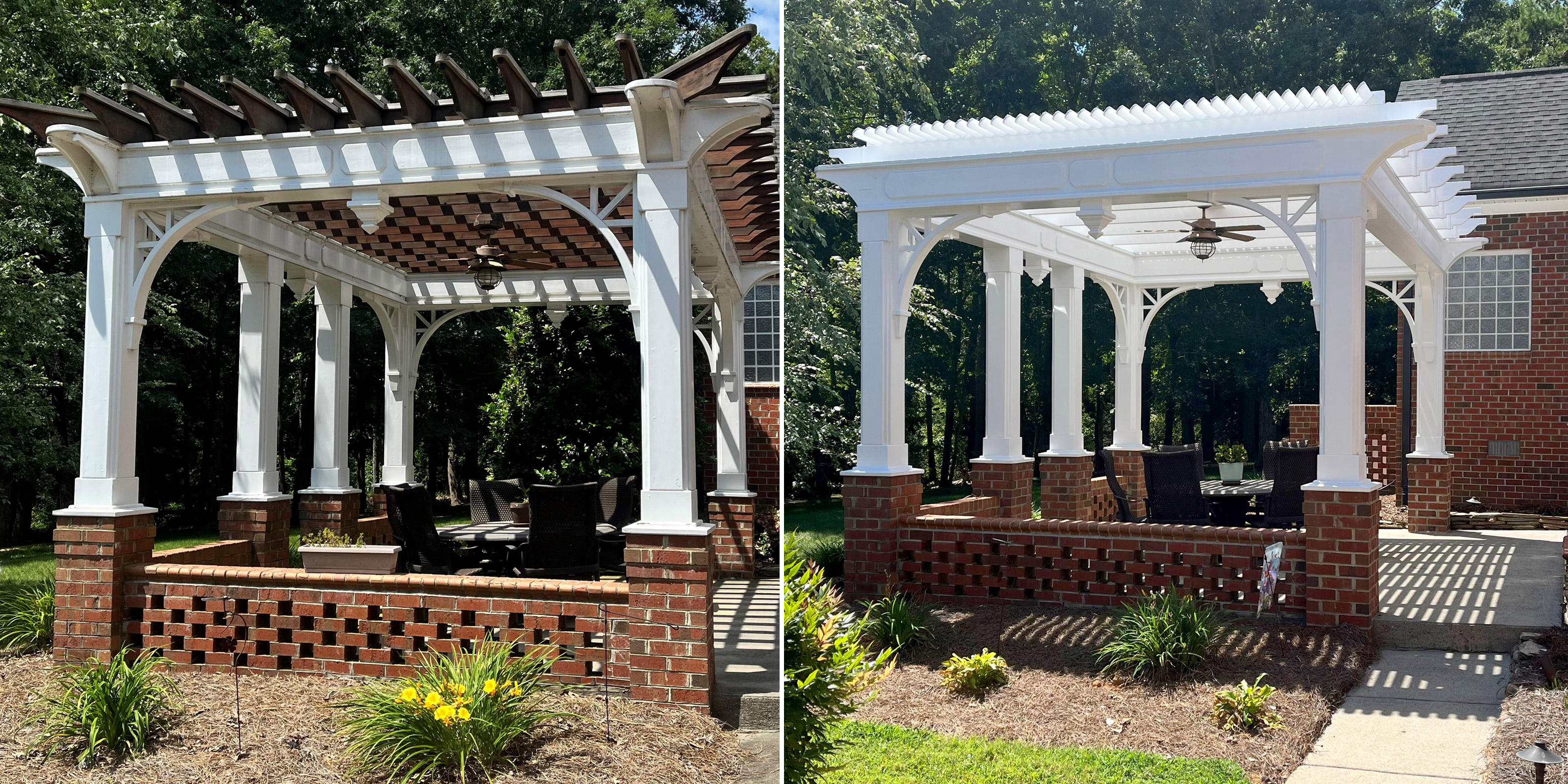 Before and after photo of all wood pergola that had the roof structure removed and replaced with an angled vinyl roof system