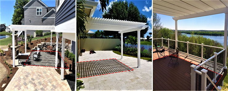 3 photos of pergolas showing the different levels of shade below depending on which shade level is picked