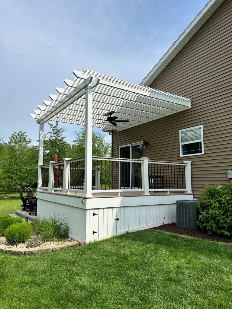 Attached deck pergola with outdoor fan