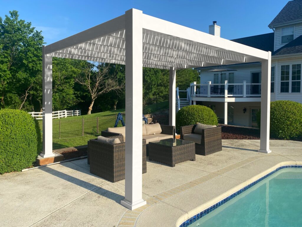 White modern vinyl poolside pergola
