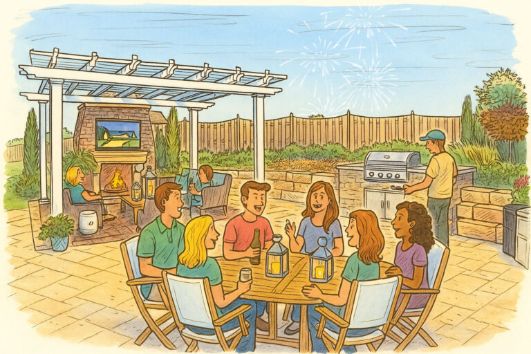 illustration of group of people sitting outside at a bbq with a pergola in the background and fireworks