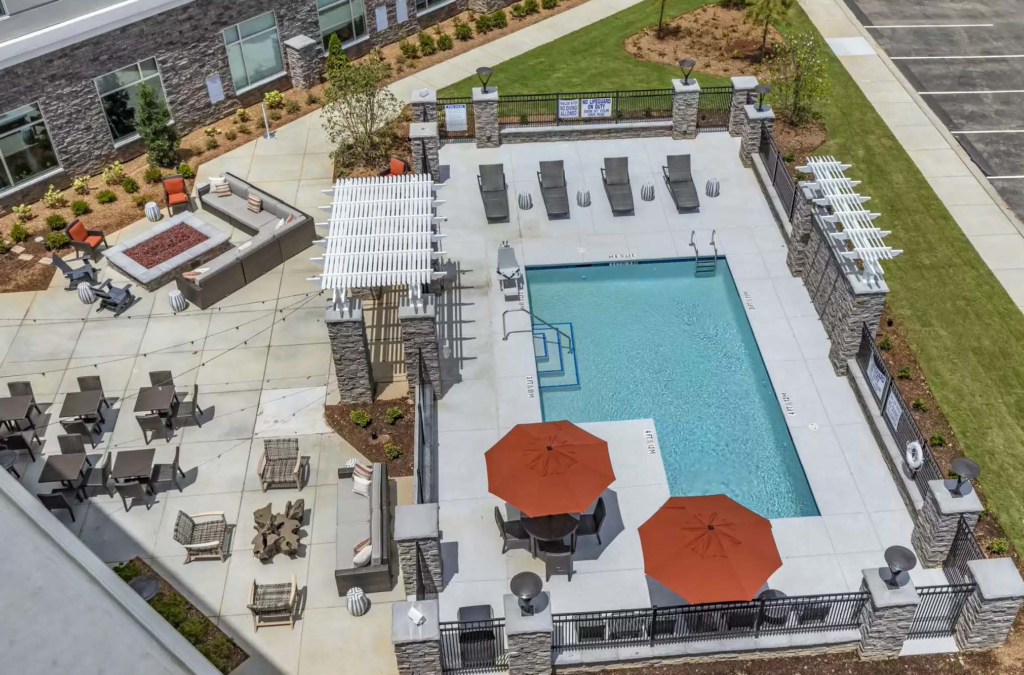 Aerial view of a Custom Arbor and pergola for community pool