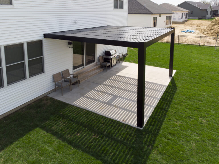 black attached modern pergola over patio