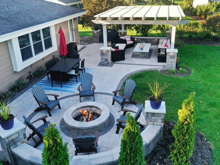 freestanding pergola as part of a large backyard landscape project