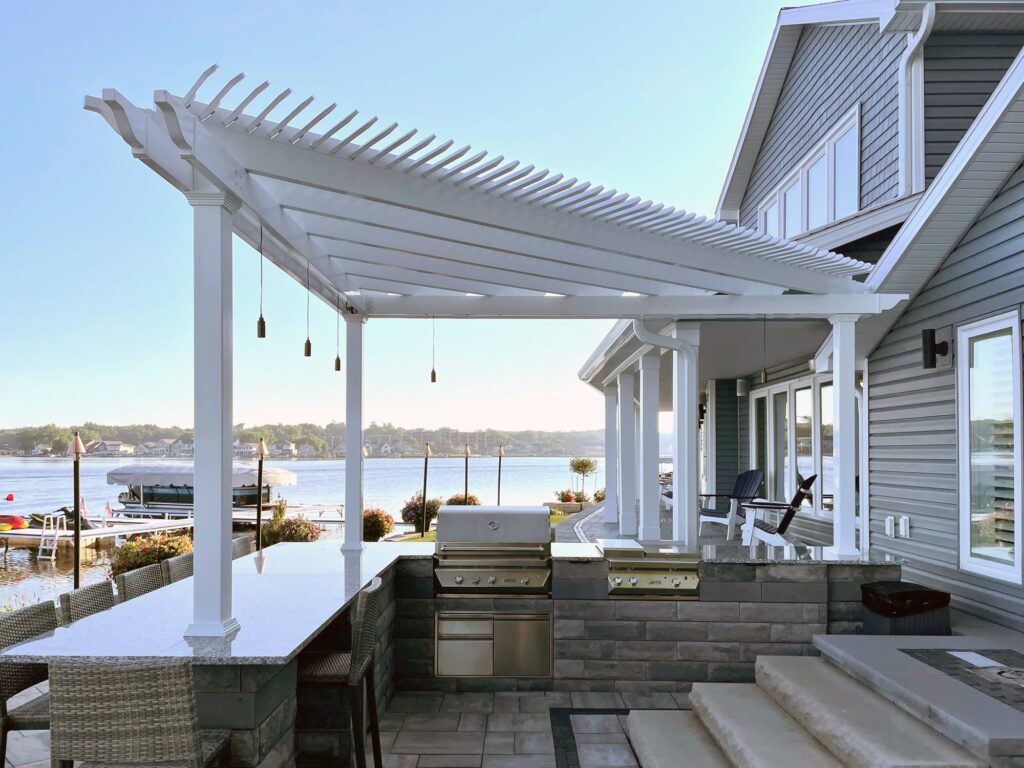 Triangle pergola on an outdoor kitchen overlooking the bay