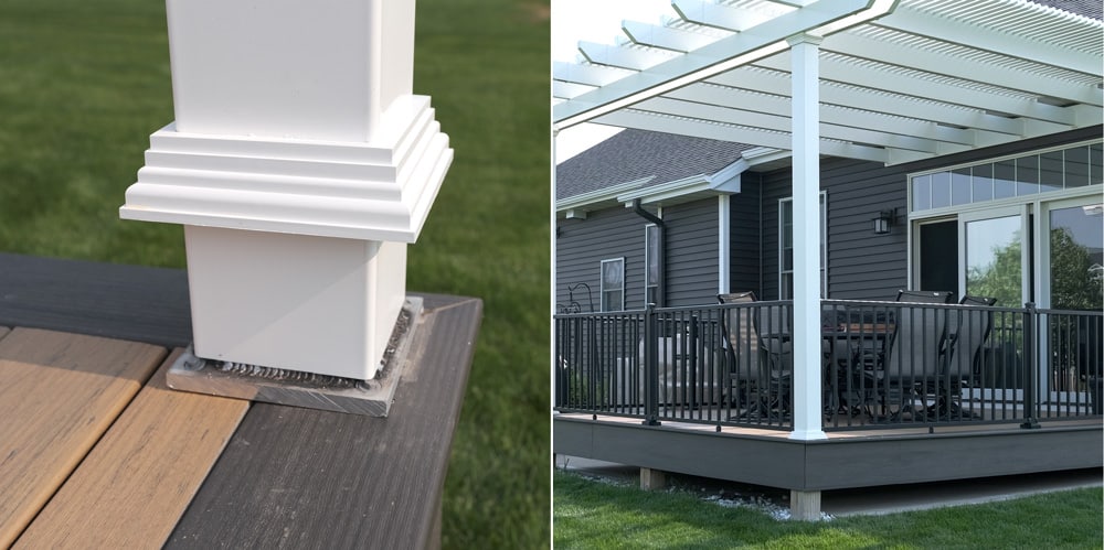 Split photo of a post with the post skirt pulled up to reveal the post plate on a deck, the other half shows the completed deck pergola