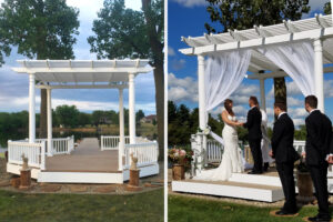 White pergola over a deck used for a wedding ceremony