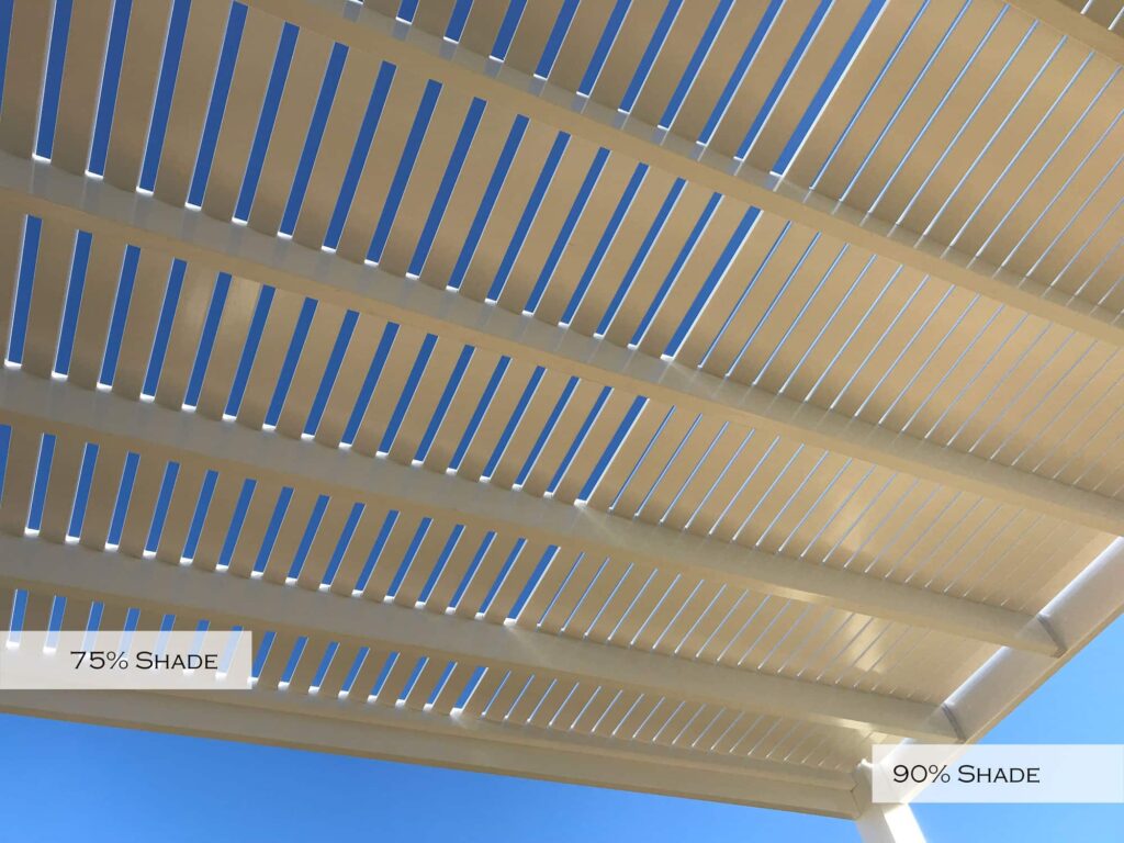 Looking up under a pergola where half of the pergola features 75% shade and the other half 90% shade