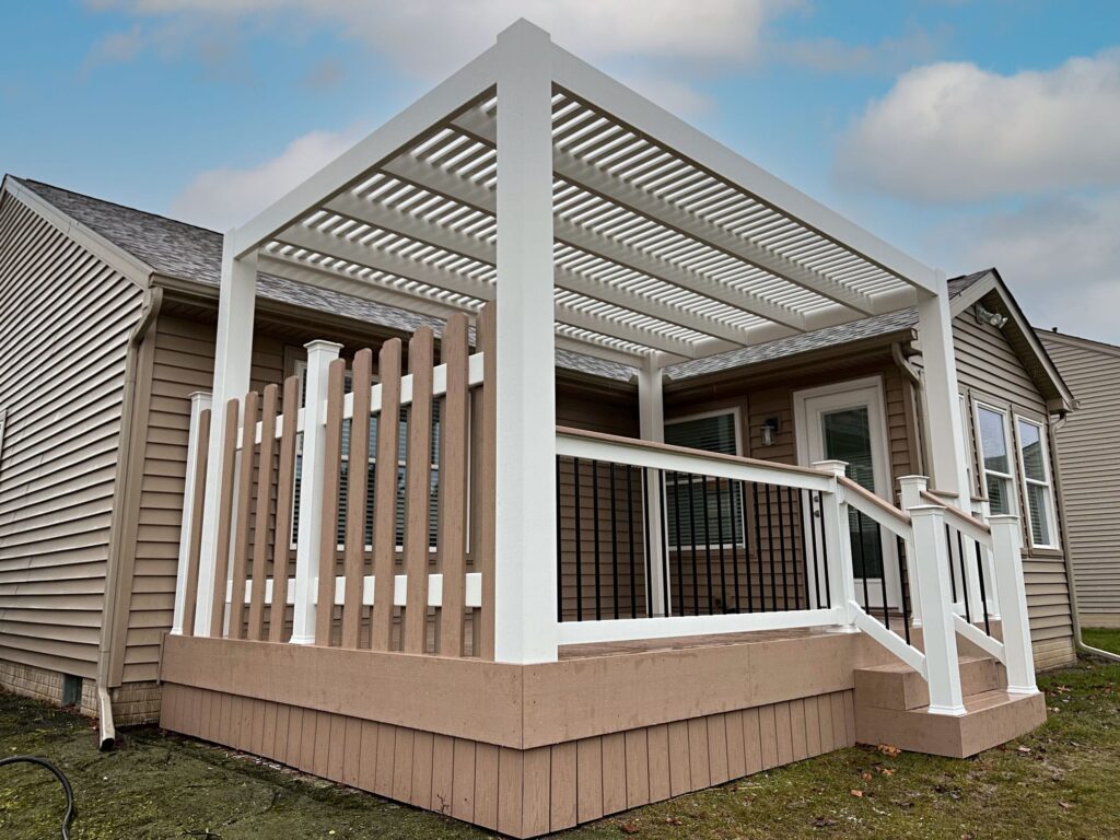 Small white modern pergola over a brown deck