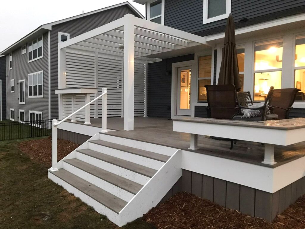 Attached modern white pergola over a deck