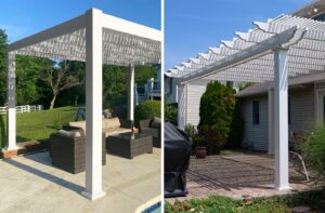 Split screen view of two white pergolas. The one on the left is a modern style pergola with a smooth contained exterior roof, the left is a traditional pergola with exposed rafters.