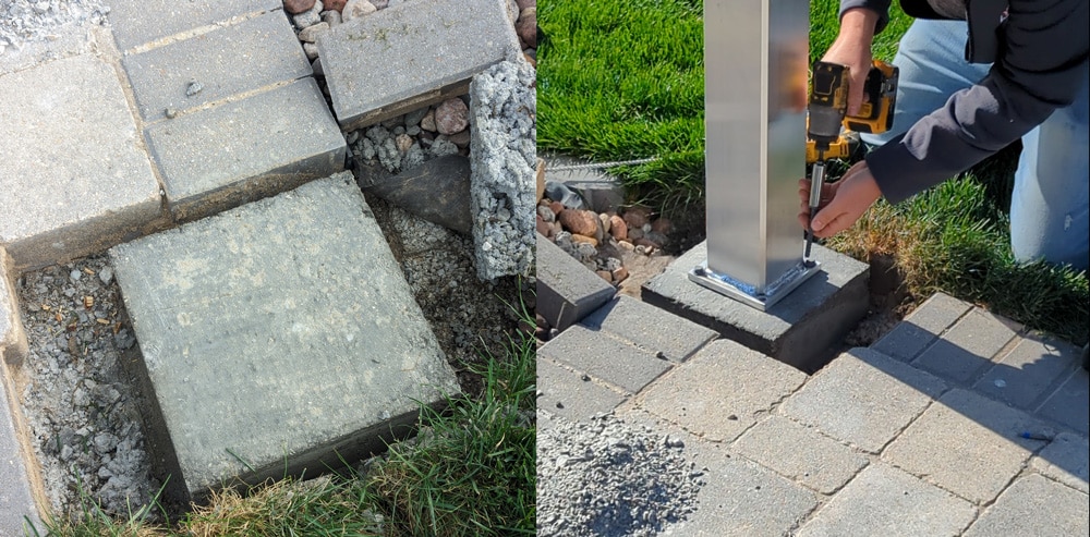 Showing a aluminum pergola post mounted to a footing under pavers