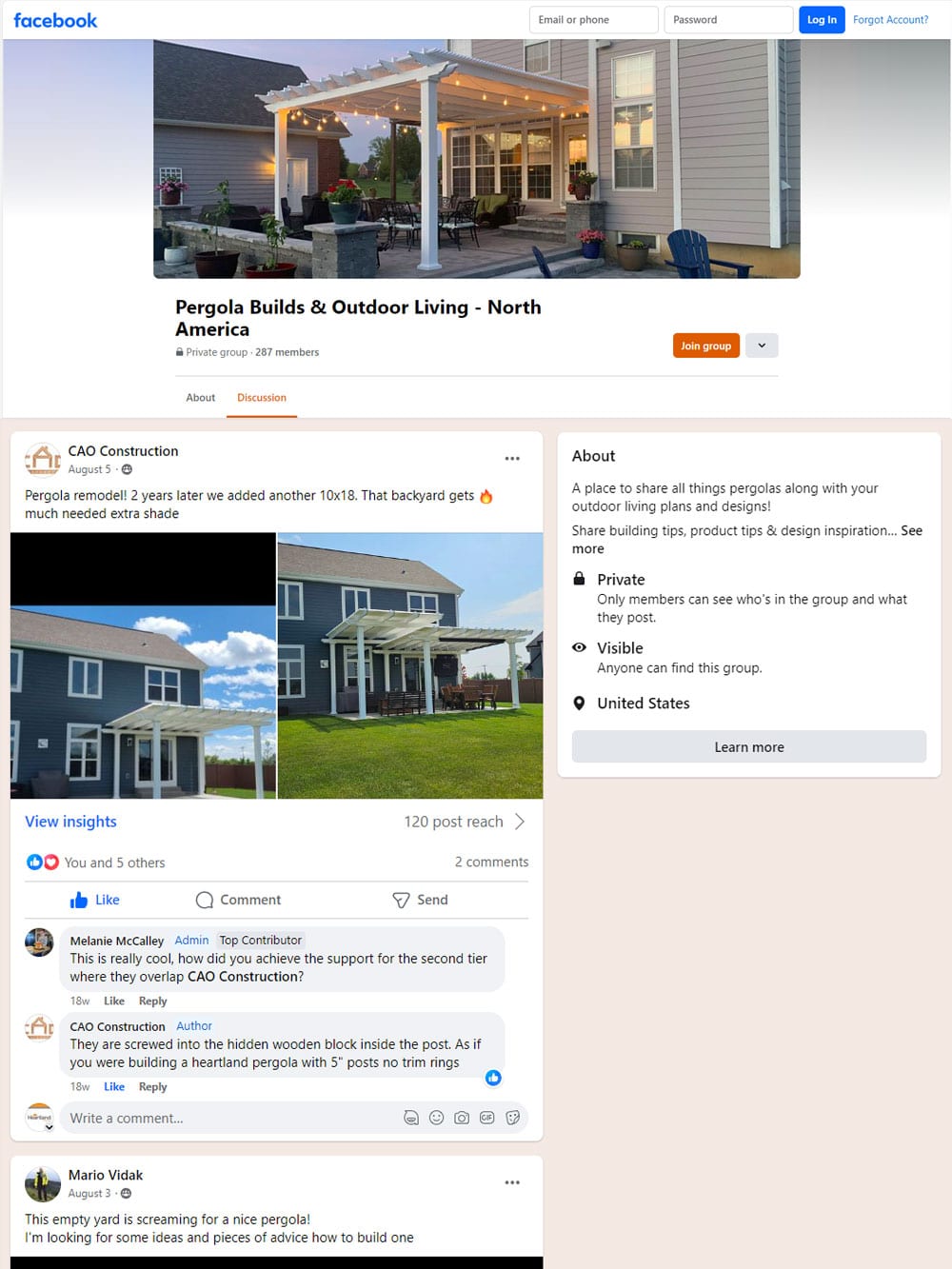 Screenshot of Facebook Pergola Group