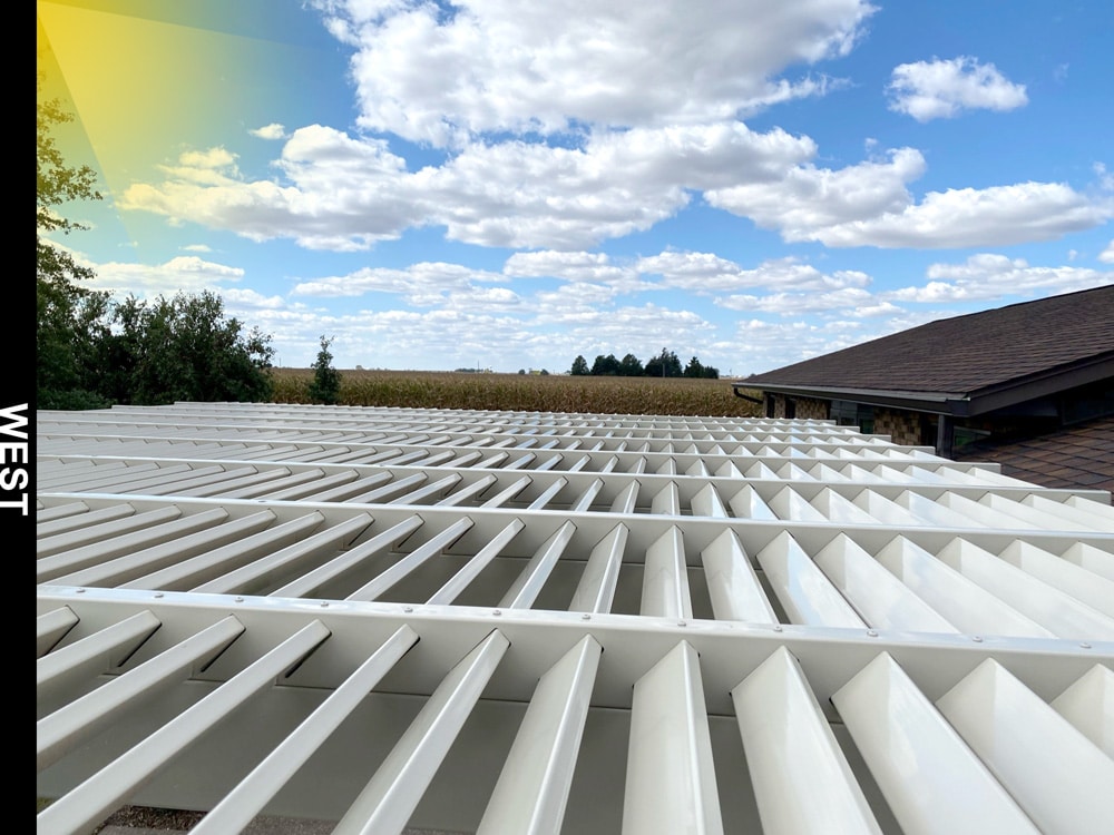 close up of shade purlins angled against the direction of the sun to create shade